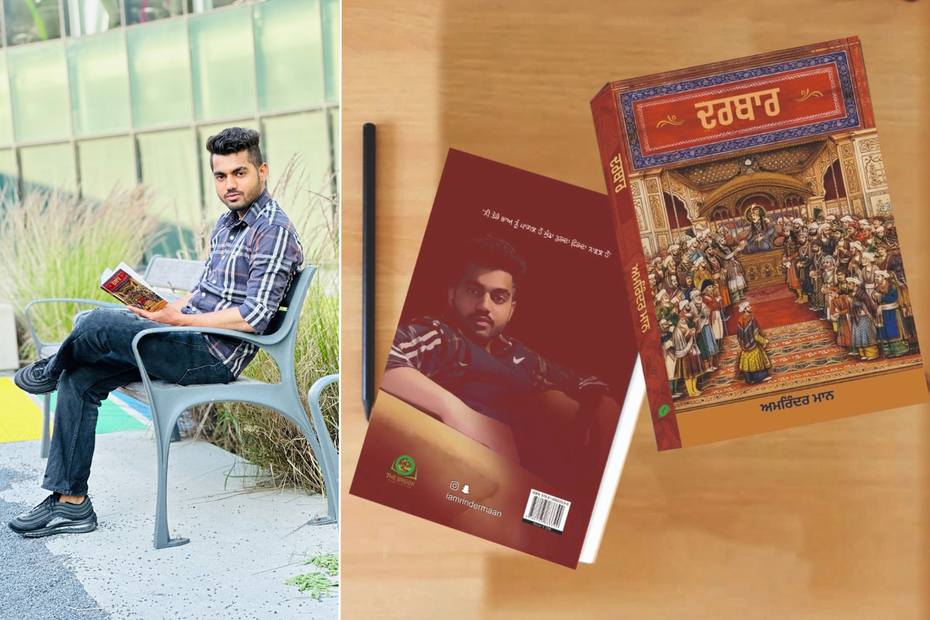 Author Amrinder Maan sits on a bench outside holding his book. The front and back covers of the book, Darbar, is shown.